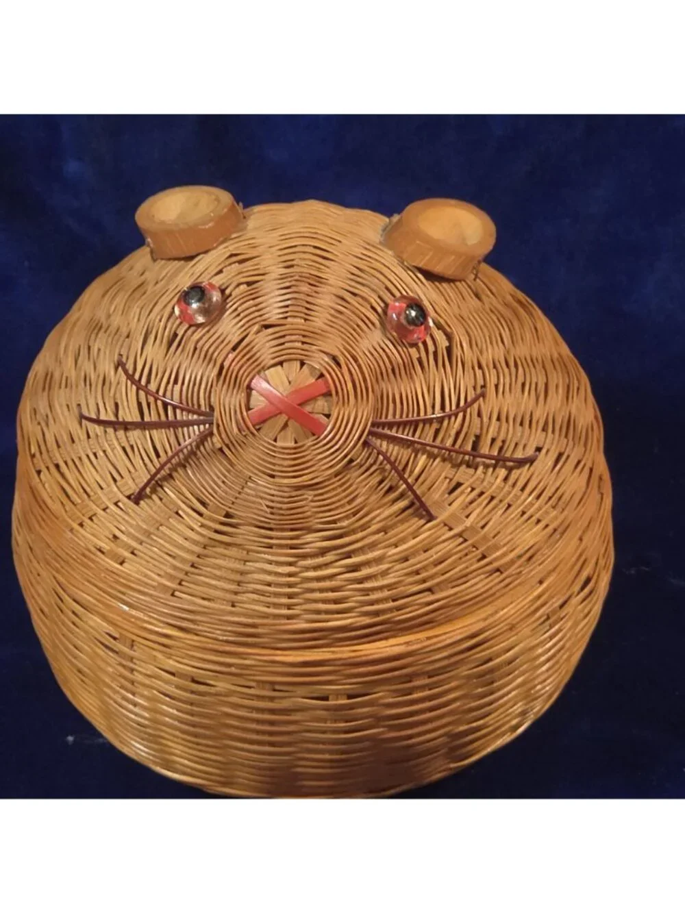 Vintage Woven Wicker Lidded Bunny Basket with Ceramic Liner 4.5